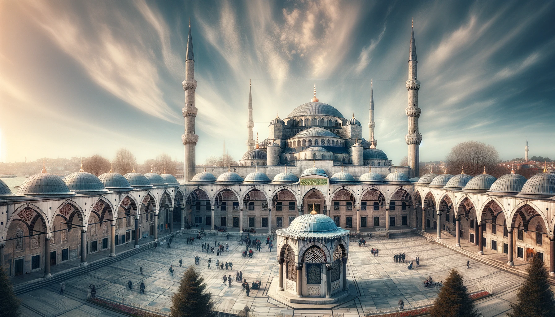 A panoramic stock photo of the Blue Mosque in Istanbul, Turkey