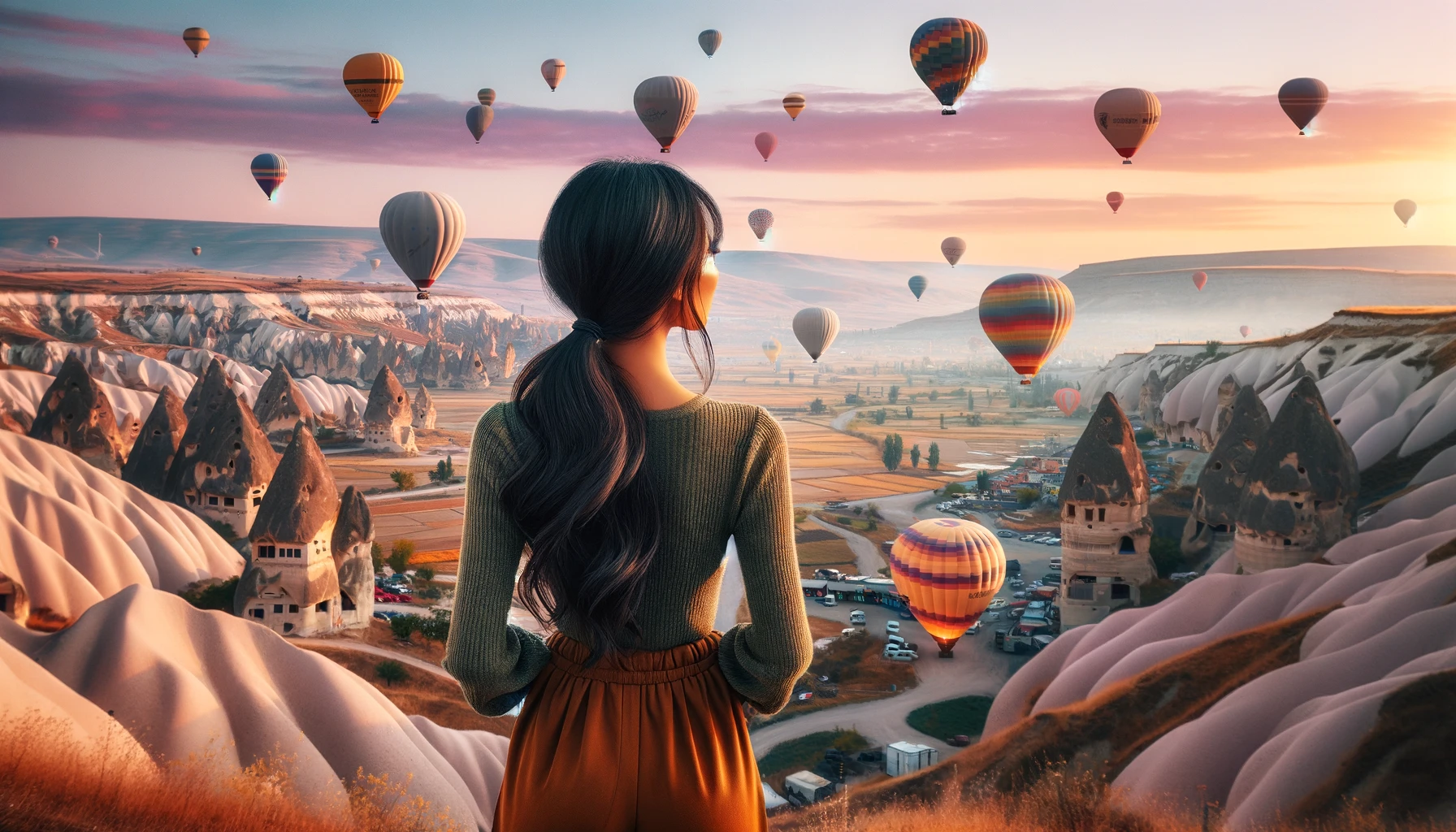 a beautiful Asian woman watching colorful hot air balloons flying over the valley at Cappadocia, Turkey