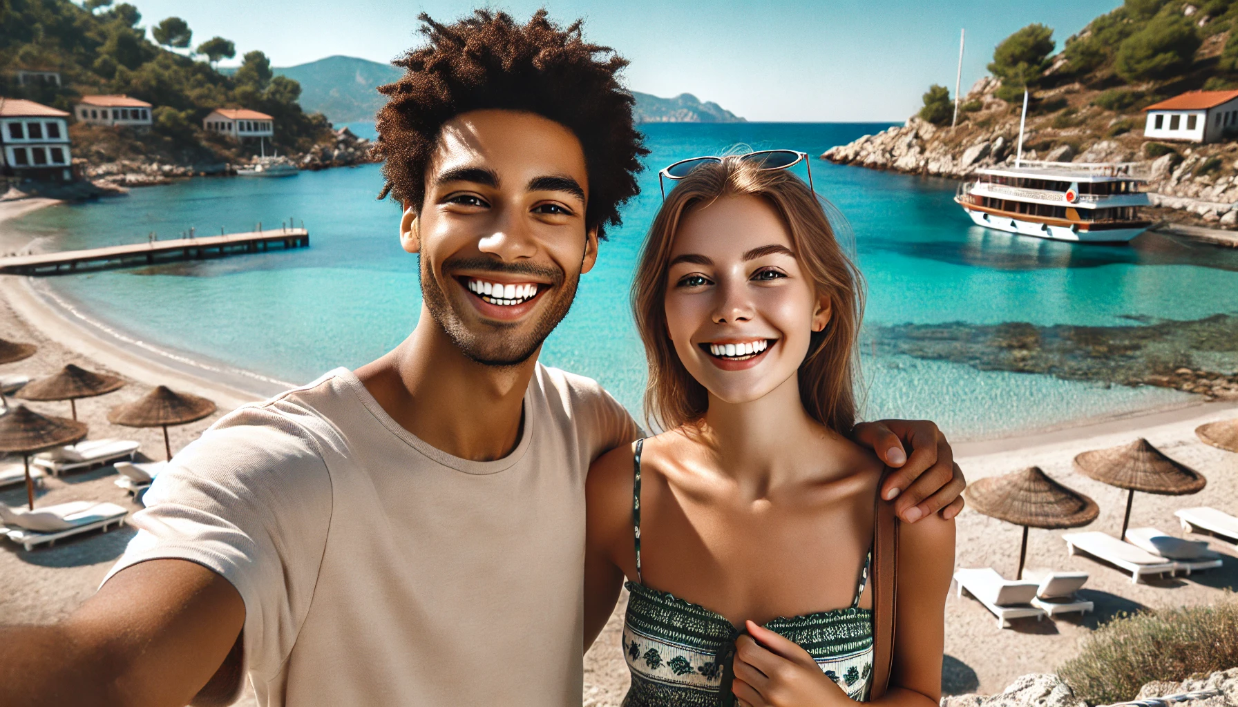 a smiling couple in Turkey standing on a sunny beach with the turquoise sea in the background. The man is a young African American with short curly hair, wearing a casual t-shirt. The woman is a young Caucasian with long blonde hair, wearing a summer dress and sunglasses.