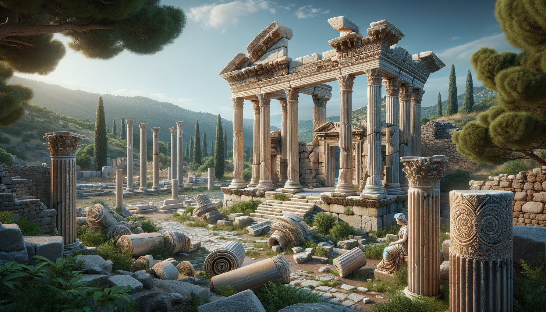 the Temple of Artemis in Ephesus, showcasing the remaining columns and the ruins of the once-grand temple.