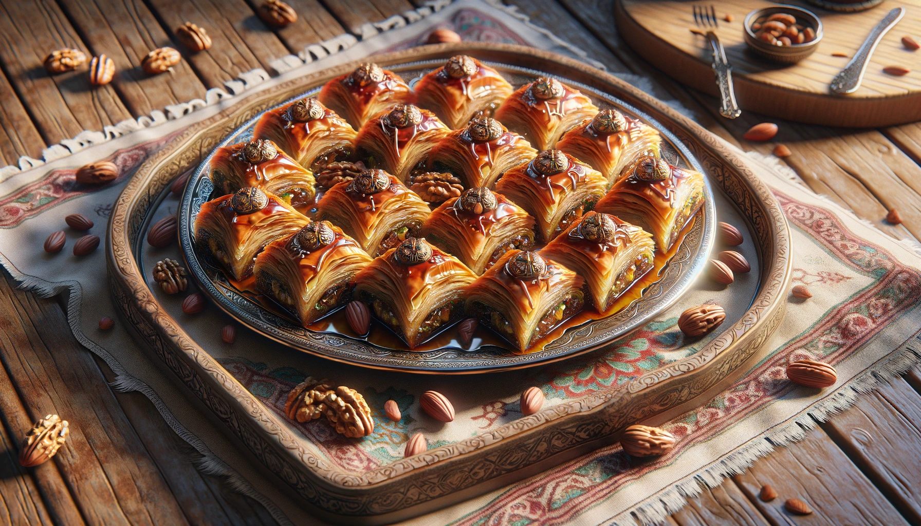 Turkish baklava arranged on a decorative plate.