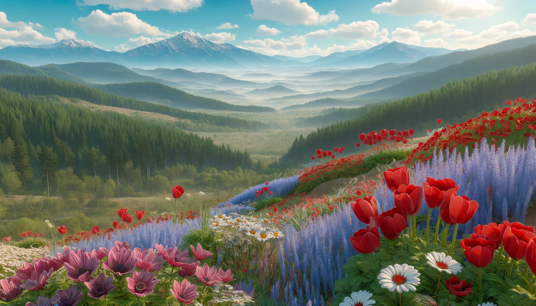 a hillside covered with Turkish wildflowers, featuring red tulips, purple anemones, and white daisies.