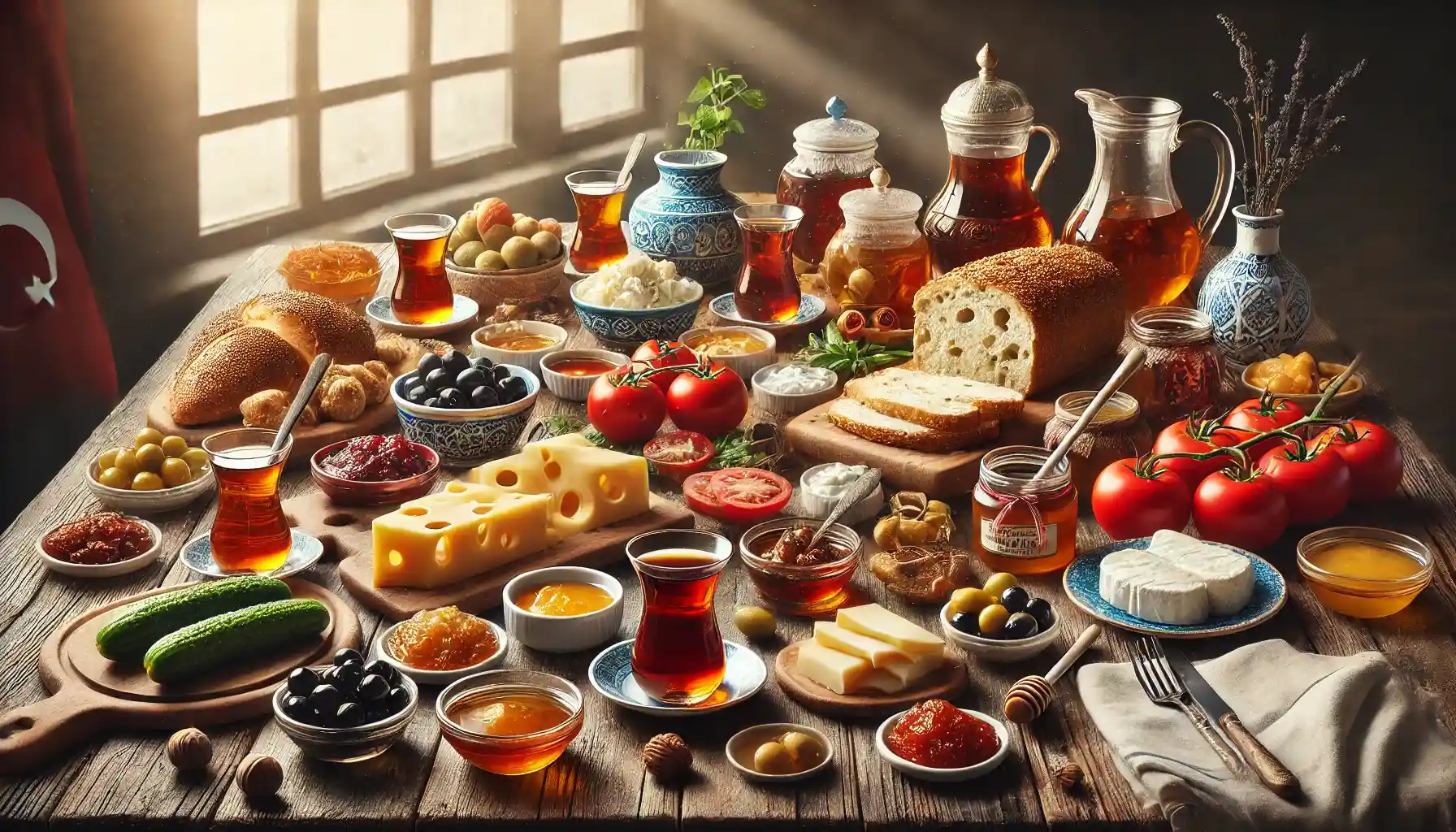 A traditional Turkish breakfast spread on a wooden table, featuring an array of dishes and Turkish tea served in small glass cups.