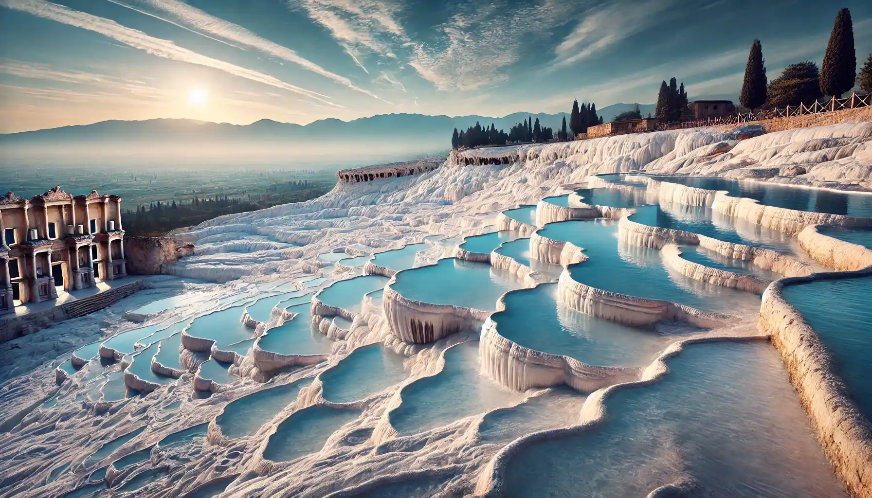 Pamukkale, Turkey, showcasing the stunning white travertine terraces filled with mineral-rich thermal waters under a clear blue sky.