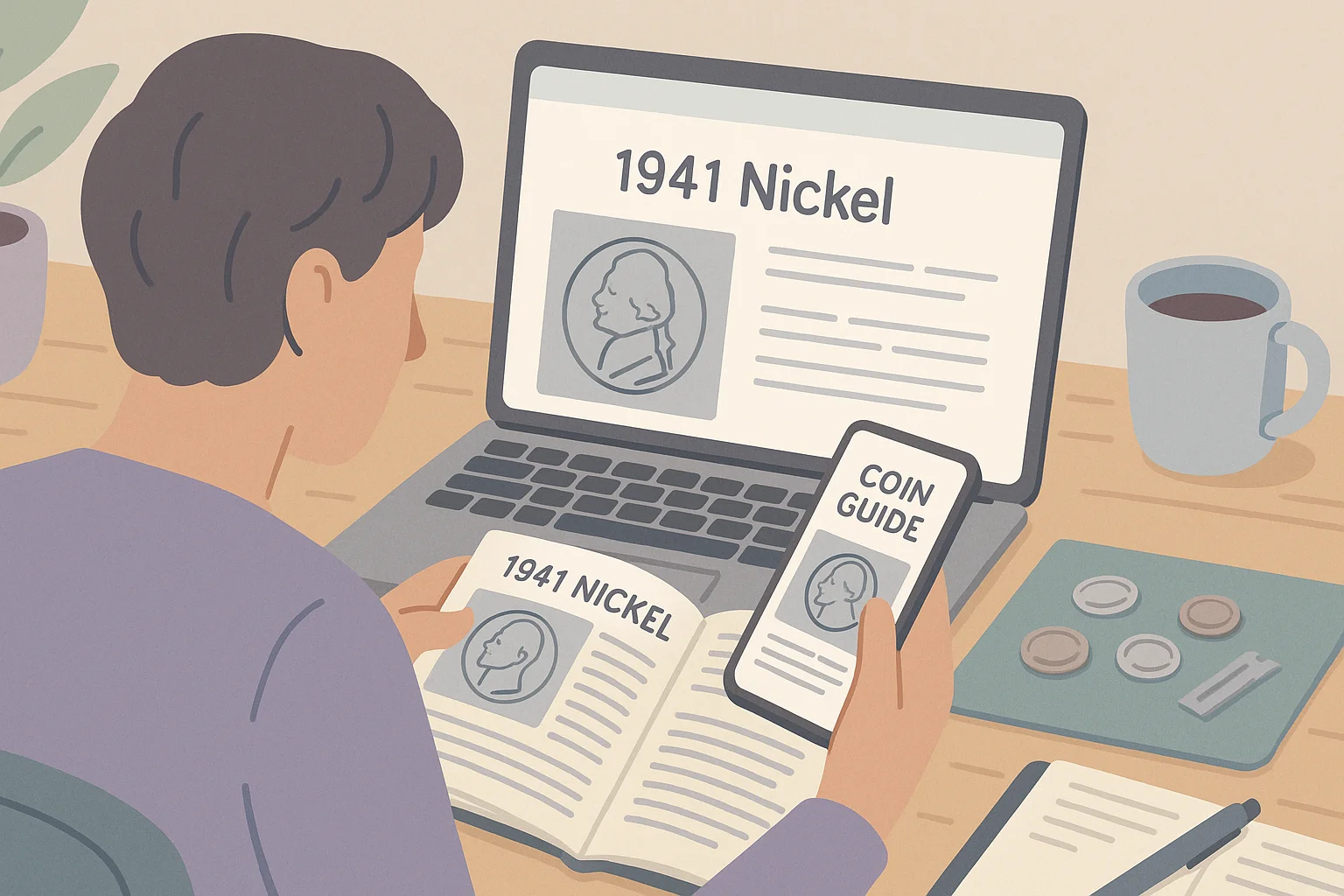 A student conducts a numismatic research at his home workspace.